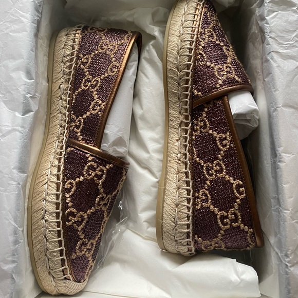 Authentic Gucci WOMEN'S HERITAGE GG LAMÉ ESPADRILLE IN BROWN size 5 - Picture 5 of 8